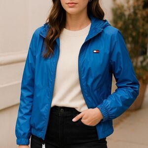 Tommy Hilfiger Blue Hooded Windbreaker | Women’s Large | Lightweight Zip Jacket